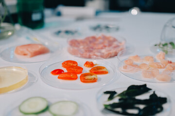 Team Asian scientists in a lab conducting food research using a microscope and lab equipment, showcasing innovation in food science and biotechnology