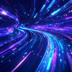 Neon arrow boost abstract background. Glowing shiny lines and shapes in dynamic composition, speed motion trail effect. Futuristic progress technology style design in vibrant blue and purple colors.