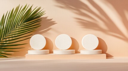 Fototapeta premium Minimalist display, podiums, palm leaf, shadows, product presentation, light beige backdrop, empty display stand, modern design