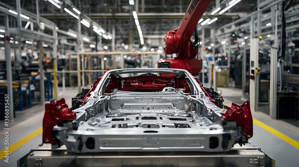 Wall mural a robotic arm assembling car parts in an automated factory, high-tech automotive factory with robots