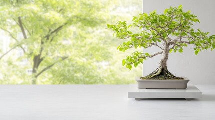 Obraz premium A vibrant bonsai tree, in a light gray pot, sits on a white stand. The background features a softly blurred, bright green landscape. The image is high-quality, with natural lighting. The style is min