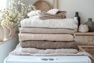 a stack of folded clothes in neutral colors in a laundry room