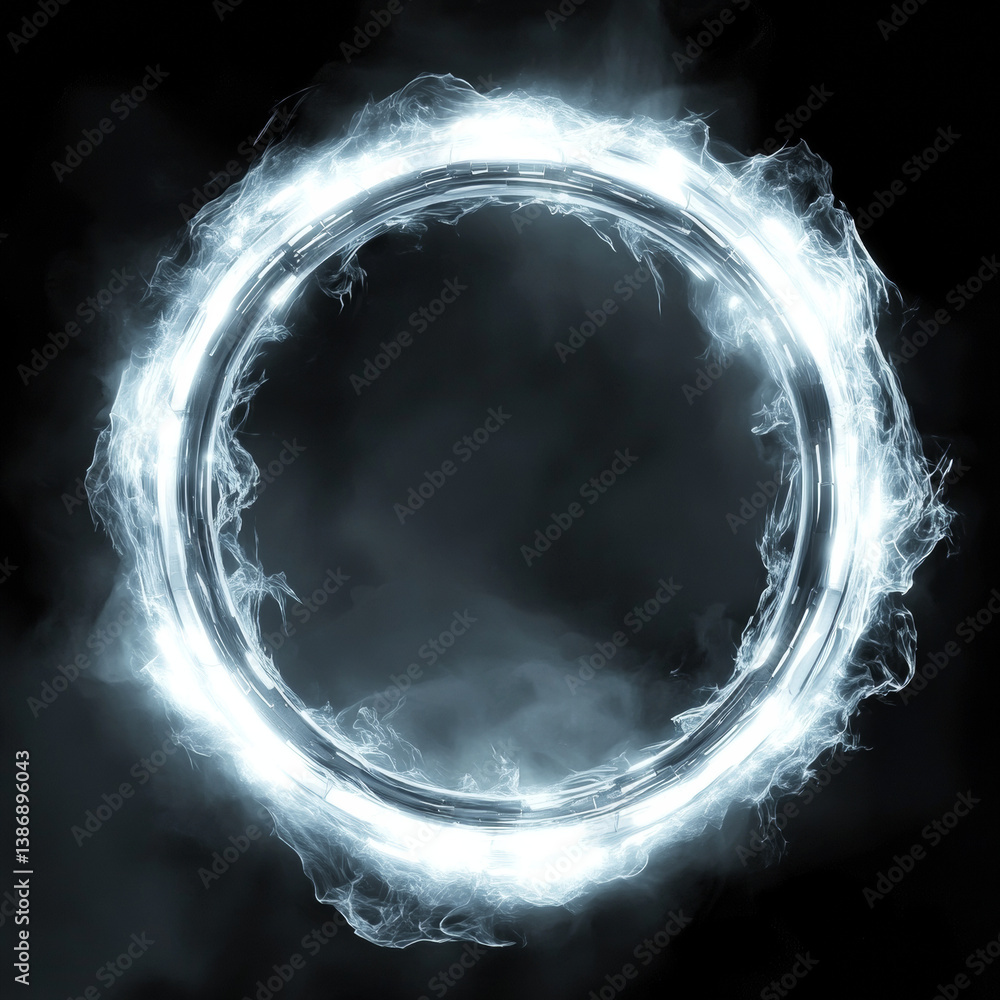 Poster white neon game portal with smoke and glow effect. realistic vector illustration set of magic telepo