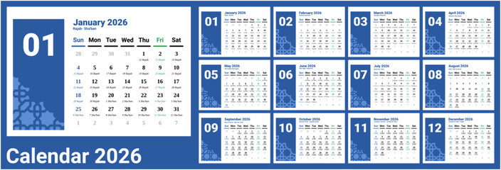 Desk Calendar 2026 with Islamic Hijri calendar . Calendar 2026 with landscape or horizontal design. week start on Sunday. Sunday as weekend. Friday as holy day marked with green.A4 format size.