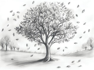 Pencil sketch of tree, autumn leaves falling, tranquil landscape, nature illustration