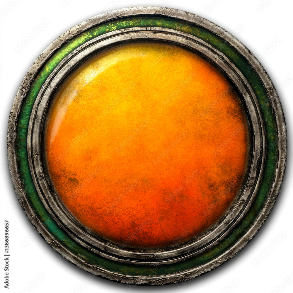Poster medieval ui game orange button with metal frame sprite for animation. fantasy rpg title sign design 