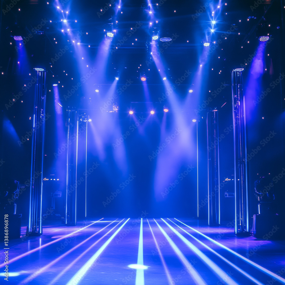 Poster blue light background with speed flare line effect. magic laser beam glow with reflection on floor. 