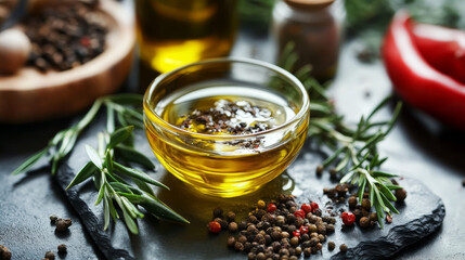 Olive Oil and Spices: A Mediterranean Flavor Composition presents a rich and aromatic still life scene—featuring a bottle of golden olive oil, surrounded by rosemary, thyme, garlic cloves, chili flake
