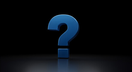Isolated Blue Question Mark on Black Reflective Surface in Dark Studio
