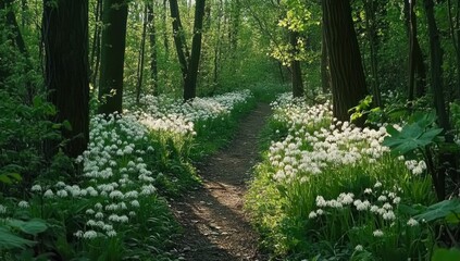 Obraz premium A forest path winding through a field of white wildflowers