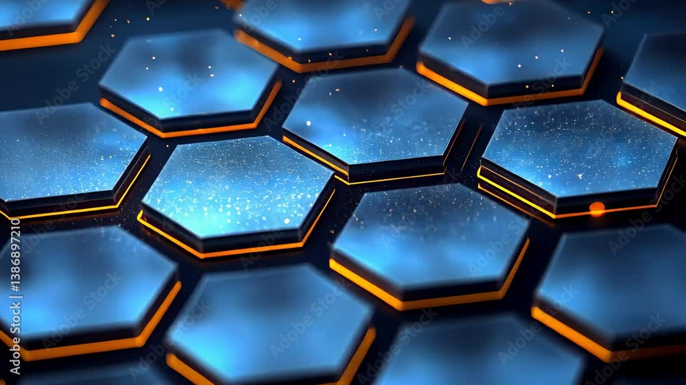Poster glowing hexagonal tiles with bright edges and digital texture