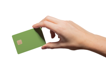 Green Card in hand. plastic bankcard for smart electronic payment, online shopping, loan, cashback, identity, bonus, finance, trade and retail business. Isolated on white background..