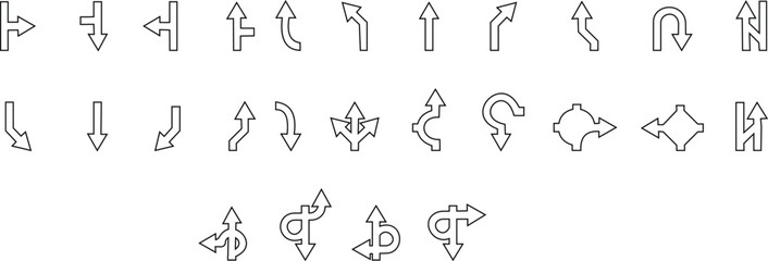 Arrow vector icon set. Modern simple arrows. Collection different Arrows on flat style for web design or interface. click arrows for showing right path on the road isolated and transparent back ground