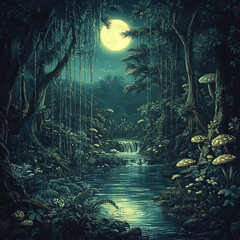 Jungle forest with river, lake or swamp at night. Dark woods landscape with trees, calm river water, lianas and mushrooms in moonlight, vector cartoon illustration