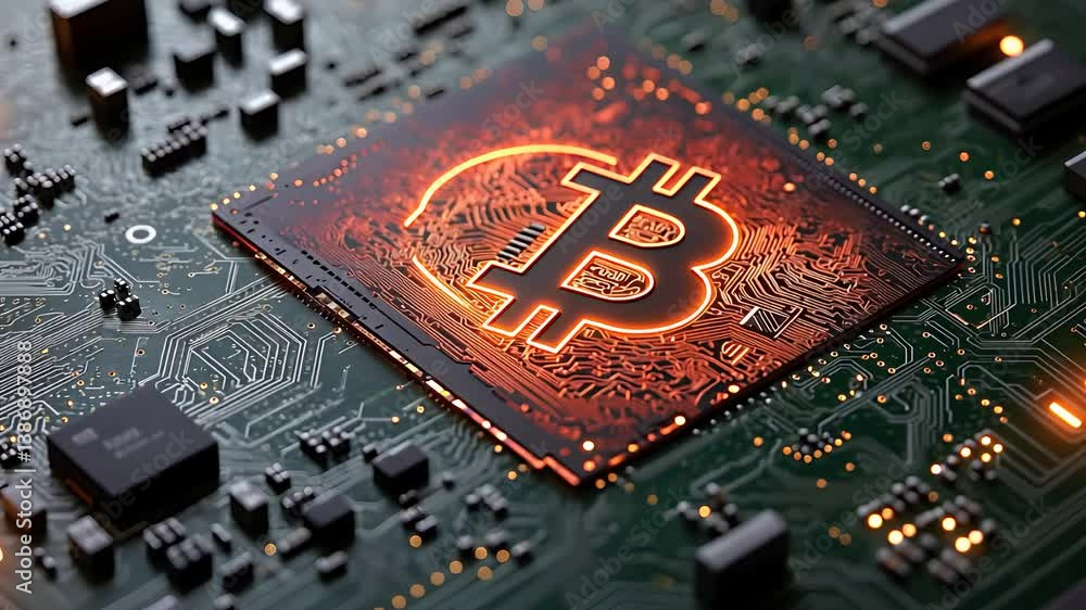 Aufkleber bitcoin cryptocurrency symbol glowing on a circuit board