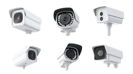 Collection of smart home CCTV security camera isolated on transparent background