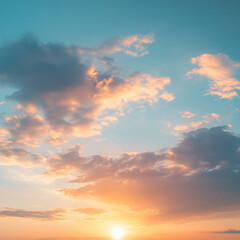 Fototapeta premium Realistic abstract evening twilight sunset sky with cloud. 3d morning sunrise soft gradient horizontal panorama. Beautiful cloudy dawn outdoor skyscape backdrop with sunshine and blurred terrain scene