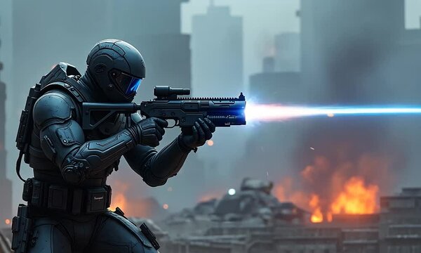 Futuristic Soldier in Combat: Sci-fi Action Scene