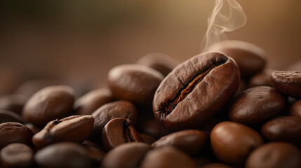 Steaming Coffee Beans in Golden Light Close-Up, Generative AI
