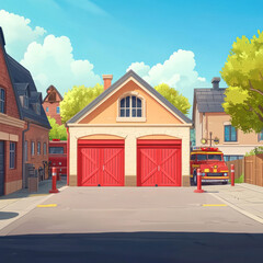 Fire station building with closed red gates. Vector cartoon summer cityscape with town firefighter department. Office of extinguisher service with garage for emergency rescue trucks