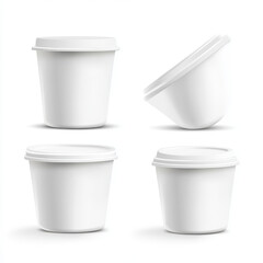 Plastic cup with open cap and yogurt inside. Package for yoghurt and dairy products isolated vector mockup. White round jars with foil lid, blank tubs front, side and top view Realistic 3d mock up set