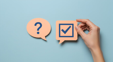 Hand Holding Paper Cutouts with Question and Check Mark on Light Blue Background