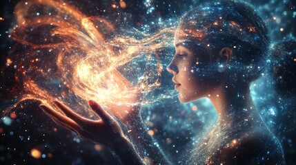 A woman is interacting with cosmic energy fields in space