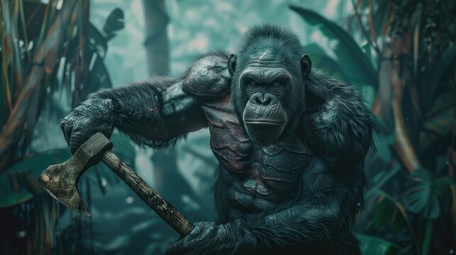 Muscular character strength gorilla army in a serious pose ready to attack AI generated image