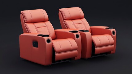Naklejka premium Hyperrealistic red cinema chairs with black cup holders in a dark room background, ideal for showcasing luxury and comfort in movie theater visuals.