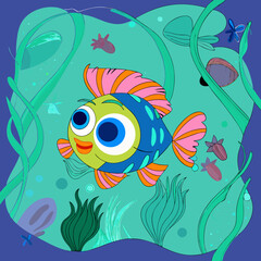 Fototapeta premium A playful cartoon fish illustration with a vibrant sea life backdrop, bringing humor and beauty to underwater scenes.
