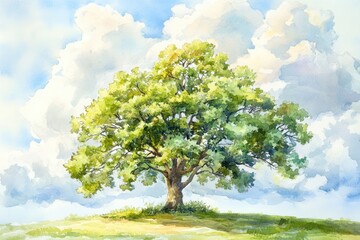 Fototapeta premium Majestic oak tree on hill, sunny sky, watercolor painting, nature scene, landscape art