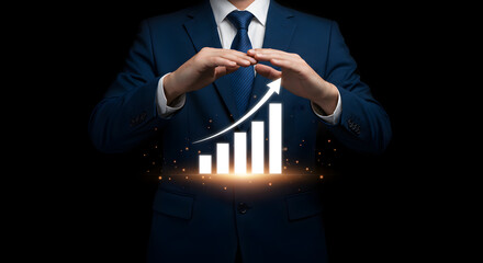 Financial Growth Chart Protected by Blue Suited Professional on Black Background