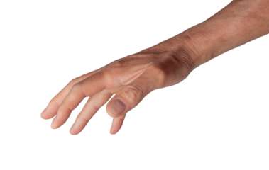 Manipulation concept with male hand gesture. Arm reaching out in control pose, bossy leader sign of authority, power, emotional dominance, guidance, management. Isolated on white background..