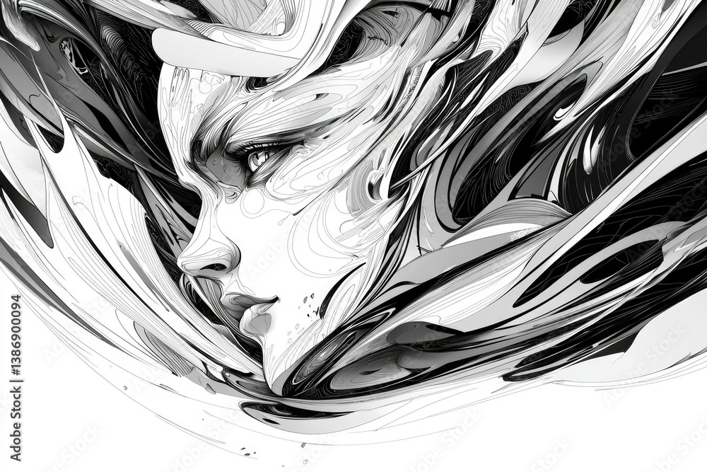 Poster abstract grayscale artwork depicting a woman's face emerging from swirling, fluid lines and patterns
