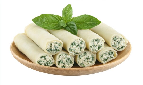 Spinach and ricotta cannelloni on wooden plate, ready to bake