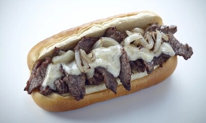 Steak sandwich with onions and cheese sauce on white background; food photography for menus or websites