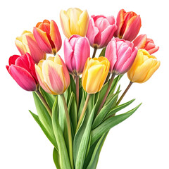 Fototapeta premium A collection of fresh natural pink, yellow, and red tulip flowers bouquet set. Generative AI transparent background