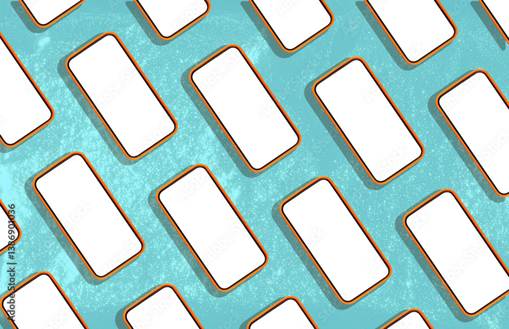 Poster phone mockup arranged in a repeating pattern, with blank screens floating on a blue, sunny pool surf