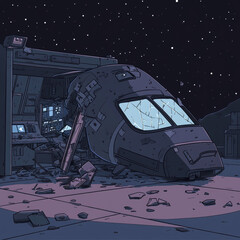 Obraz premium Spaceship crash in night sky. Vector cartoon illustration of space shuttle interior during accident, broken windshield, pieces of glass flying inside cockpit, error message on dashboard computer