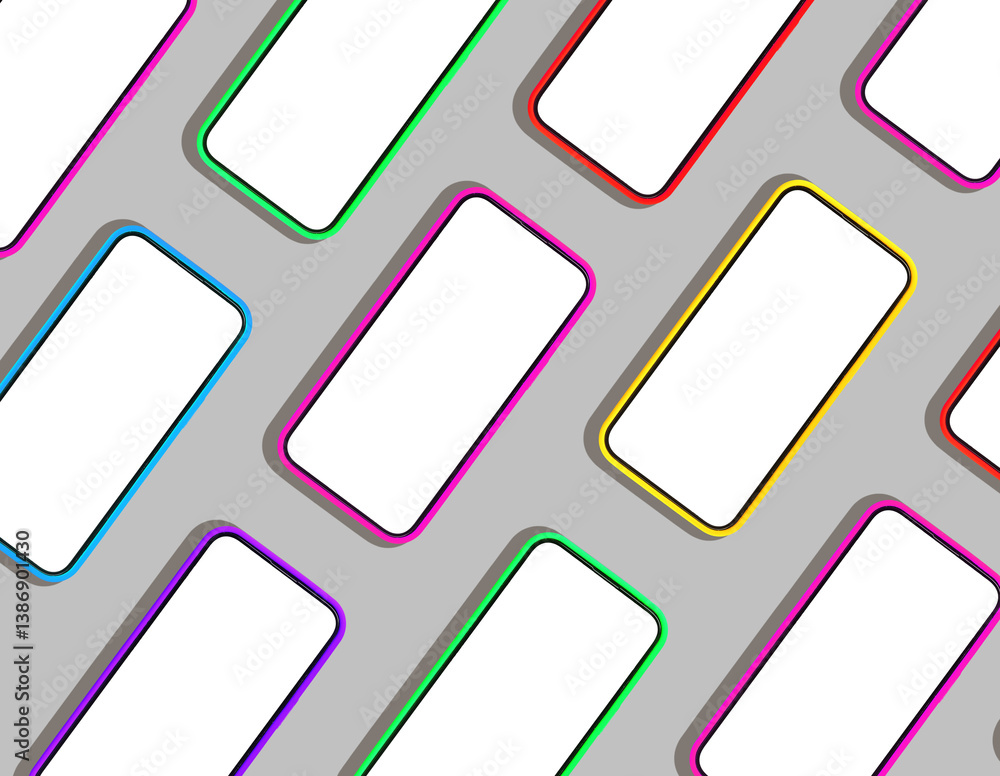 Poster phone mockup with a multitude of smartphones arranged in a row, showcasing clean, blank screens. ide