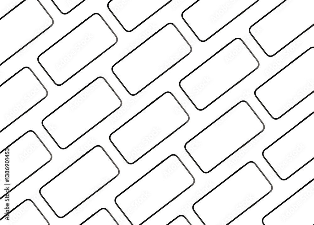 Poster Phone mockup in a row, with clean, empty screens arranged in a repeating pattern. Modern smartphones and gadgets in a minimal, creative flat lay design, showcasing blank displays. Captured from an.