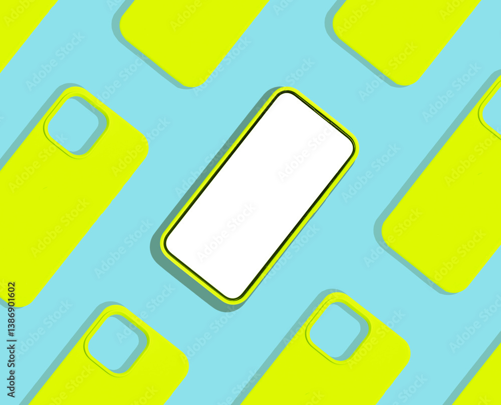 Poster Phone mockup with many smartphones arranged in a repeating pattern, displaying clean, empty frames. A bright, modern design with green and blue tones, creating an abstract, minimal concept. Captured.