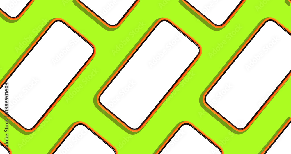 Poster phone mockup with bright, clean screens, arranged in a repeating pattern. blank, empty displays on s