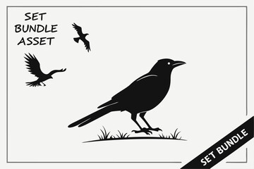 Bird silhouette icon symbol illustration vector set bundle asset template shadow, black, pultry, fly bird editable

