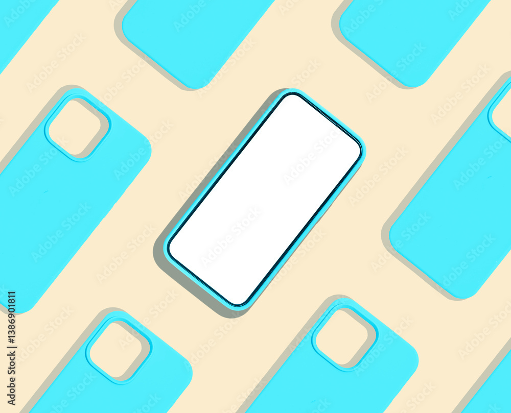 Poster Phone mockup with many smartphones arranged in a repeating pattern, displaying clean, empty screens. A bright, modern design with a vivid blue background, creating a trendy, abstract concept