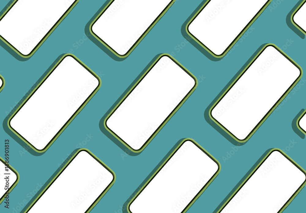 Poster Phone mockup with many smartphones arranged in a repeating pattern, displaying clean, empty frames. A minimal, creative design showcasing modern technology in a flat lay view with a white background..