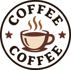Classic Coffee Cup Logo Design, This logo design features a steaming coffee cup at the center, surrounded by the word "COFFEE" in bold letters.