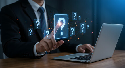 Businessman Touching Glowing Question Mark Interface on Laptop in Office Environment