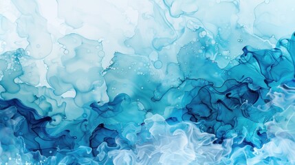 Obraz premium Abstract alcohol ink blue sea waves smudges and white pigment watercolor background. Generated AI