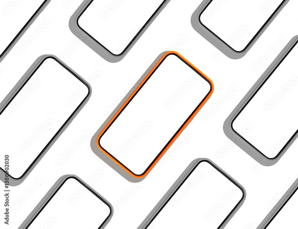 Poster Phone mockup with many smartphones arranged in a repeating pattern, showcasing clean, empty frames. A minimal, creative design emphasizing modern technology with an abstract, contemporary art feel..